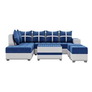 Luxury Furniture Home L Shape 3+ Launcher Fabric Sofa Set for Living Room with Center Table and 2 Puffy (Left Side, Blue)