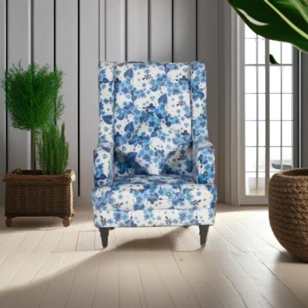 Luxury Furniture Home | Solid Wood High Back Floral Print Wing Chair, White/ Blue