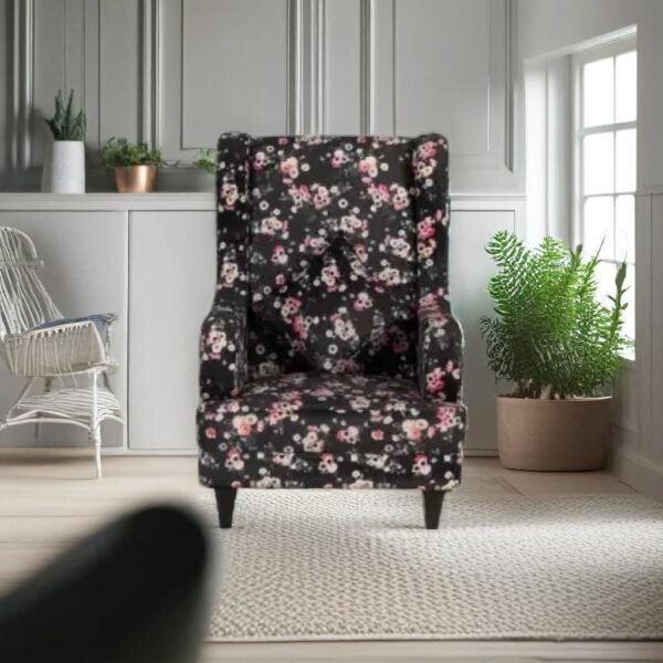 Luxury Furniture Home | Solid Wood High Back Floral Print Wing Chair, White/ Black